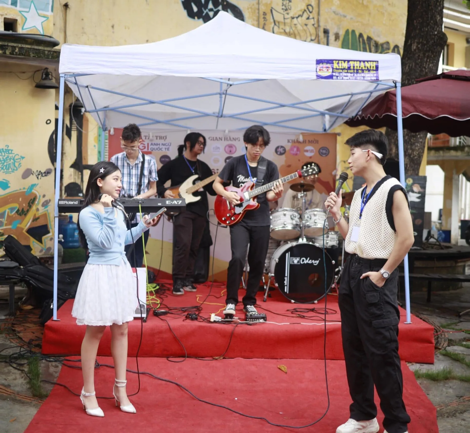 The student band playing to the crowd.